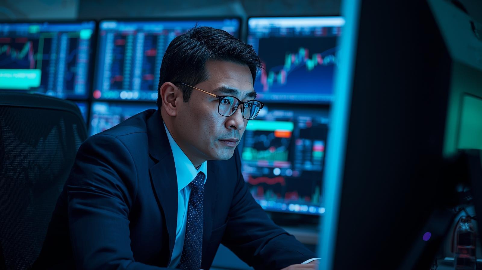 Professional trader analyzing multiple screens